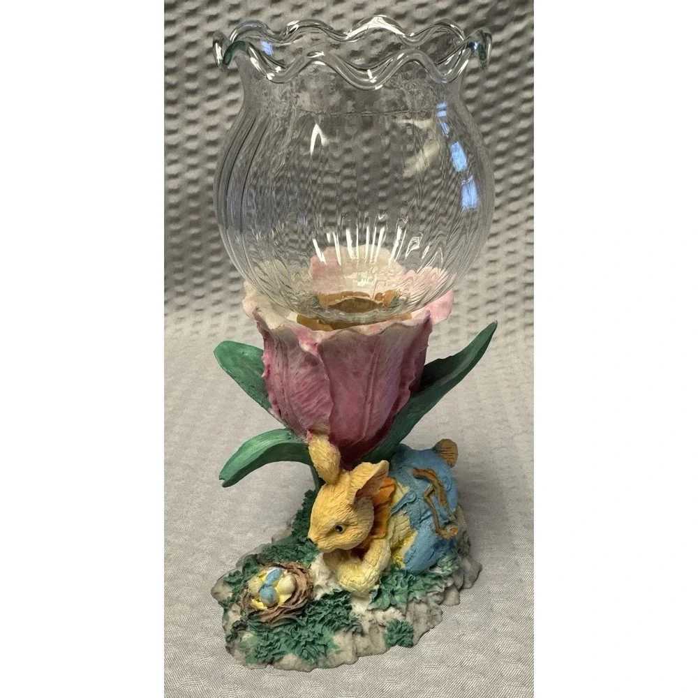 Vintage Avon Easter Tulip Bunny‎ Eggs Grass Votive Candle Holder